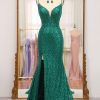 Homrain Glitter Mermaid Long Prom Dress With Slit | Green Prom Dresses