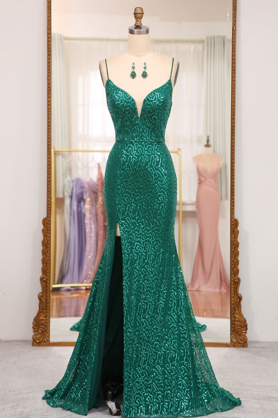 Homrain Glitter Mermaid Long Prom Dress With Slit | Green Prom Dresses