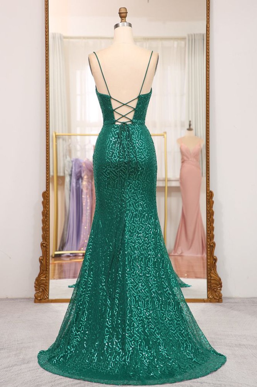 Homrain Glitter Mermaid Long Prom Dress With Slit | Green Prom Dresses