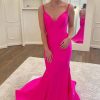 Homrain Spaghetti Straps Mermaid Long Prom Dress With Criss Cross Back | Hot Pink Prom Dresses