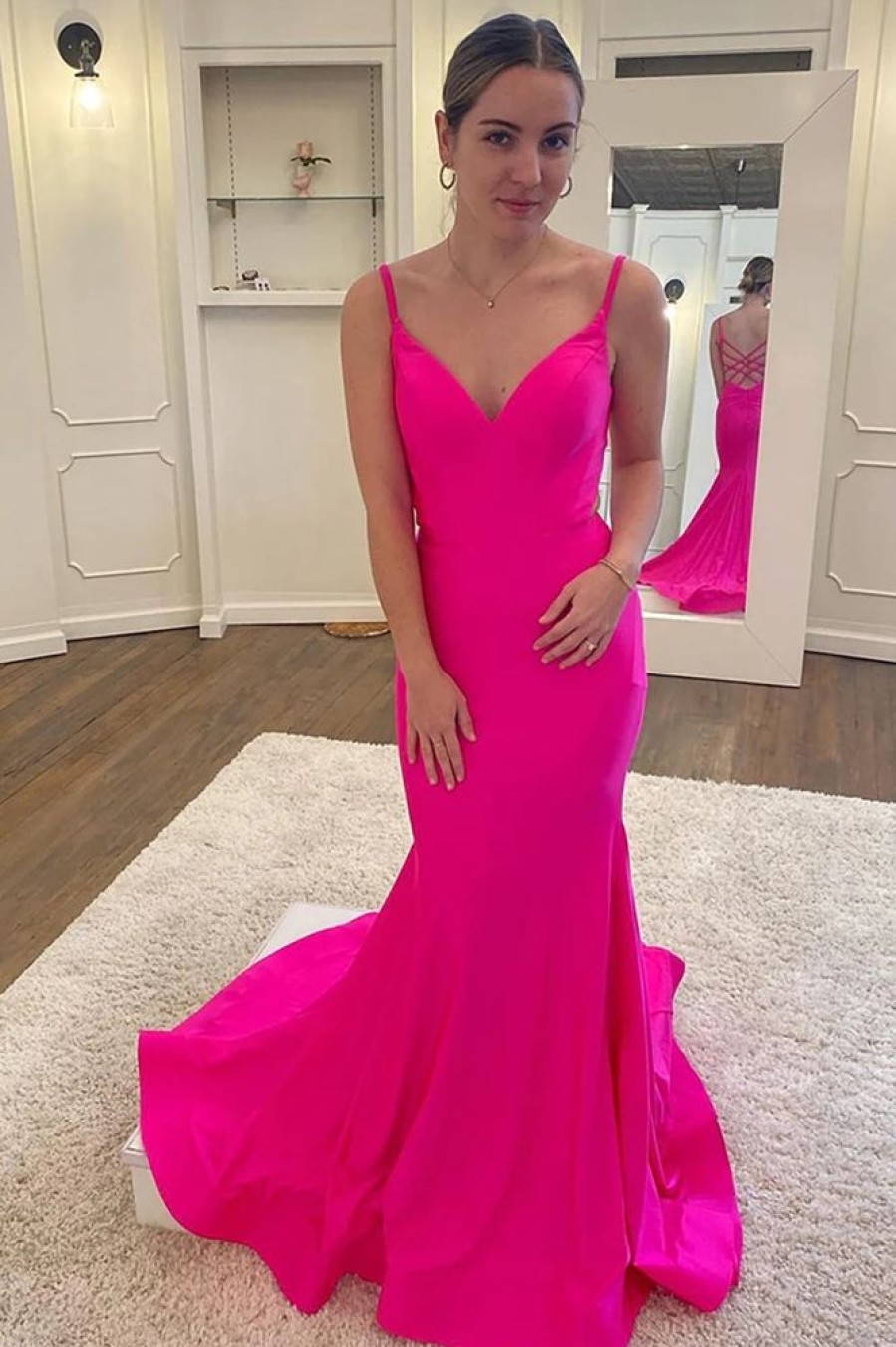 Homrain Spaghetti Straps Mermaid Long Prom Dress With Criss Cross Back | Hot Pink Prom Dresses