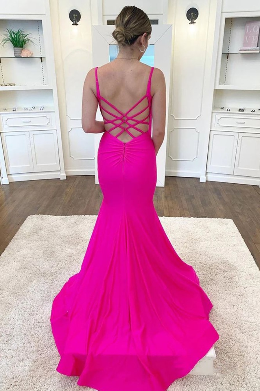 Homrain Spaghetti Straps Mermaid Long Prom Dress With Criss Cross Back | Hot Pink Prom Dresses