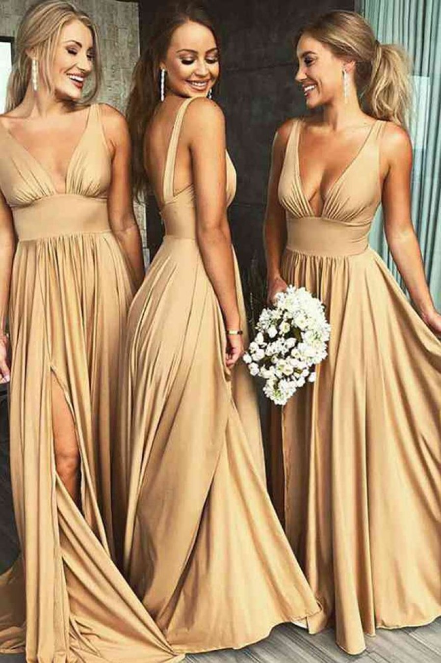 Homrain A-Line Ruched Long Bridesmaid Dress With Slit | Boho Bridesmaid Dresses