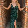 Homrain Sparkly Mermaid Sequins Long Prom Dress With Slit | Green Prom Dresses