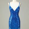 Homrain Sparkly Bodycon Spaghetti Straps Sequins Short Homecoming Dress With Tassel | Blue Hoco Dresses