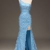 Homrain Sparkly Mermaid Long Appliqued Prom Dress With Slit | Blue Prom Dresses