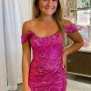 Homrain Detachable Off The Shoulder Sequins Tight Homecoming Dress | Pink Hoco Dresses