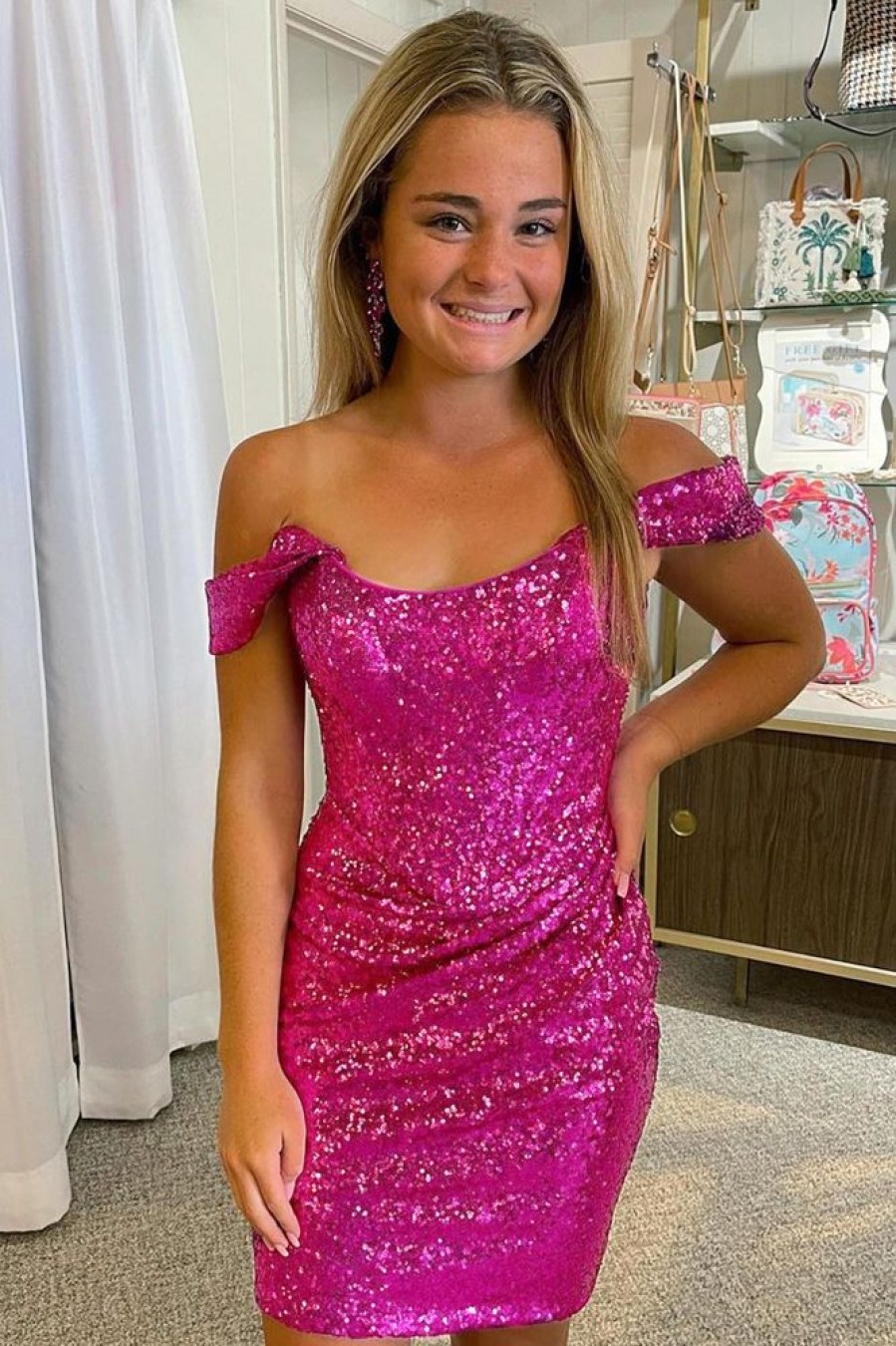 Homrain Detachable Off The Shoulder Sequins Tight Homecoming Dress | Pink Hoco Dresses