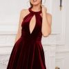 Homrain Halter Keyhole Mini Velvet Dress | Red Hoco Dresses