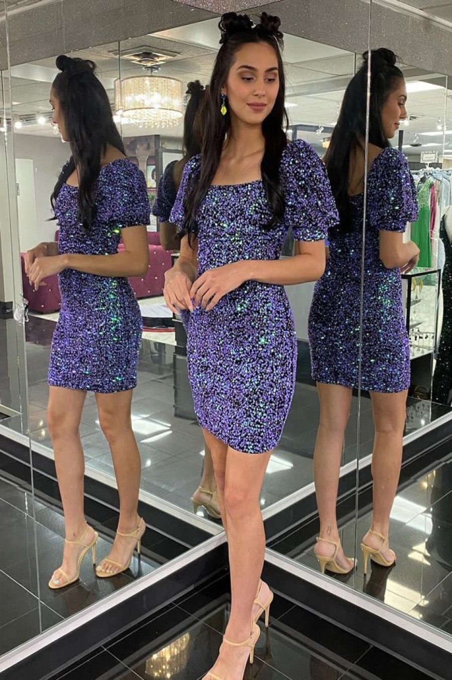 Homrain Sparkly Sequins Short Sleeves Tight Homecoming Dress | Purple Hoco Dresses