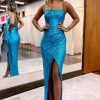 Homrain Sheath Halter Sequins Prom Dress With Silt | Blue Prom Dresses