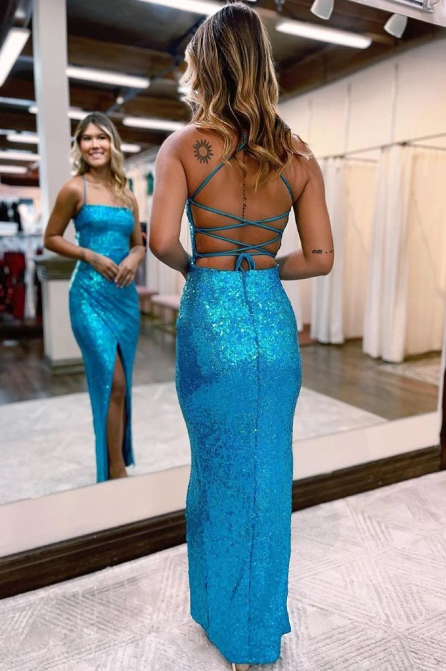 Homrain Sheath Halter Sequins Prom Dress With Silt | Blue Prom Dresses