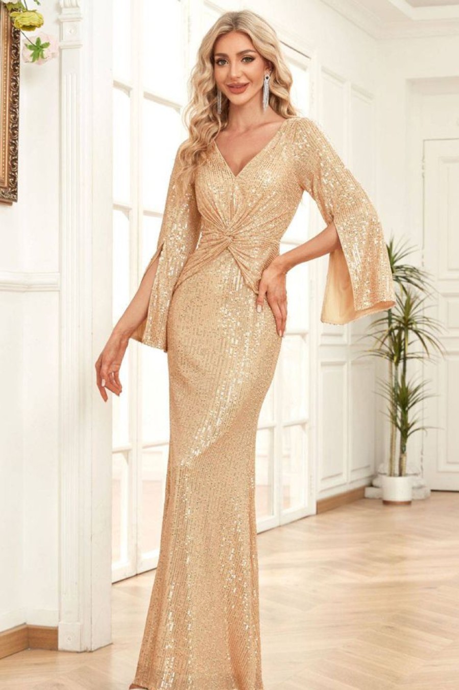 Homrain Sparkly Mermaid Long Prom Dress With Long Sleeves | Gold Prom Dresses