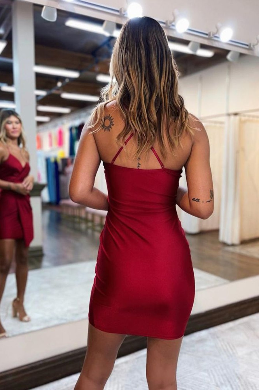 Homrain Simple Red Asymmetrical Spaghetti Straps Tight Short Homecoming Dress | Red Hoco Dresses