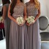 Homrain A-Line Boat Neck Long Chiffon Boho Bridesmaid Dress With Lace | Bridesmaid Dresses 2024