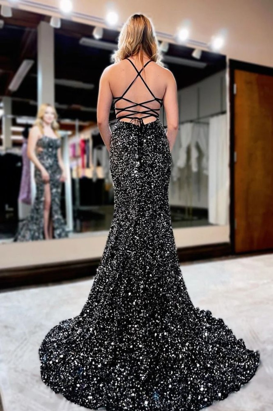 Homrain Sequins Lace-Up Back Mermaid Prom Dress With Slit | Black Prom Dresses