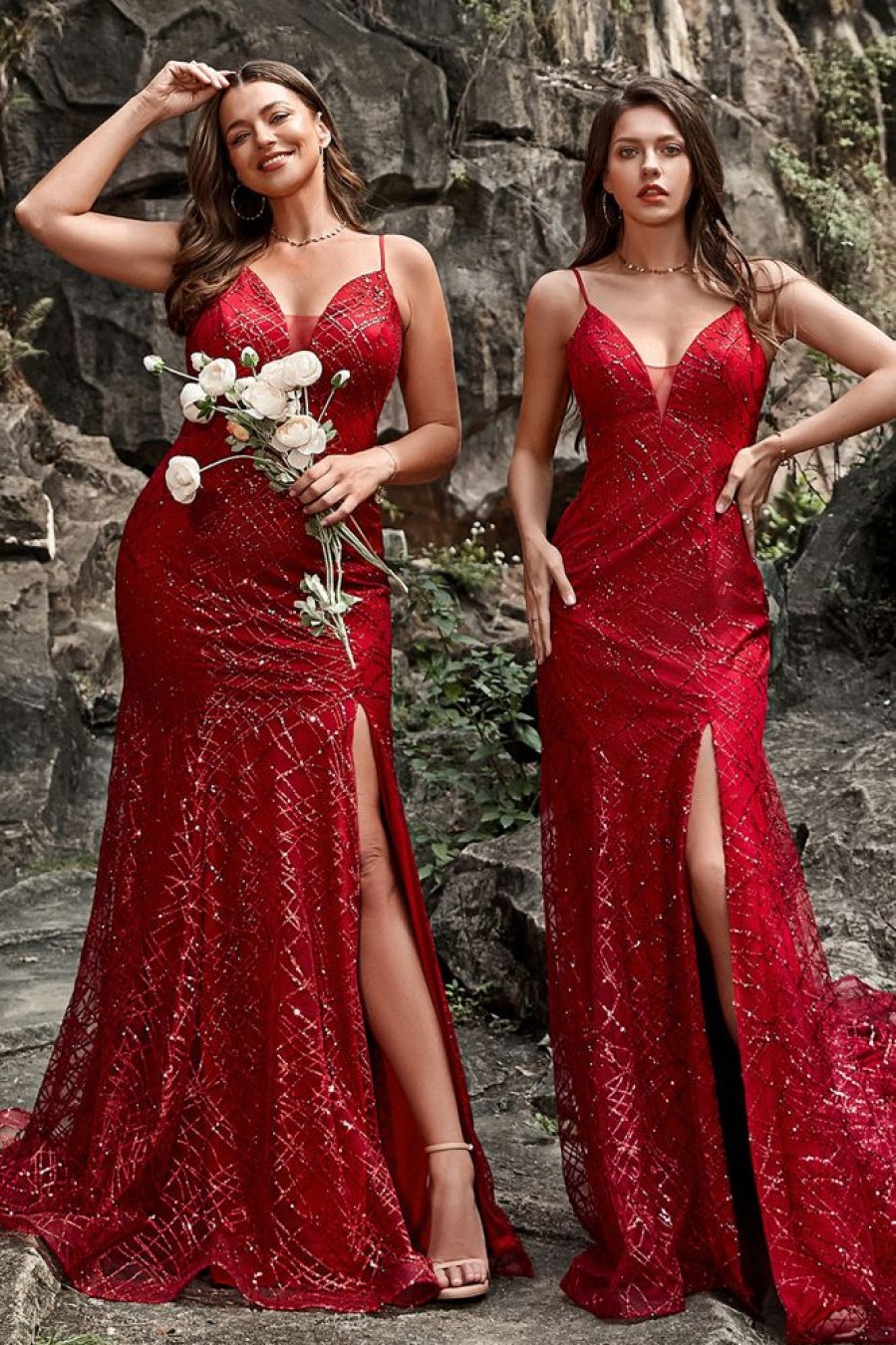 Homrain Sparkly Sequins Mermaid Long Prom Dress With Slit | Red Prom Dresses