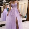 Homrain A-Line Spaghetti Straps Lace Long Prom Dress With Slit | Purple Prom Dresses