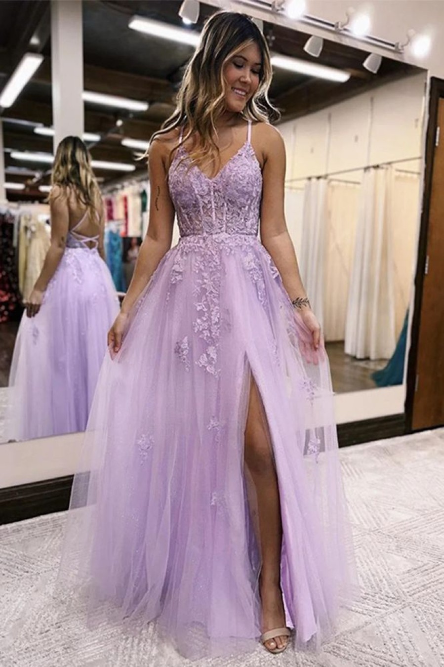 Homrain A-Line Spaghetti Straps Lace Long Prom Dress With Slit | Purple Prom Dresses