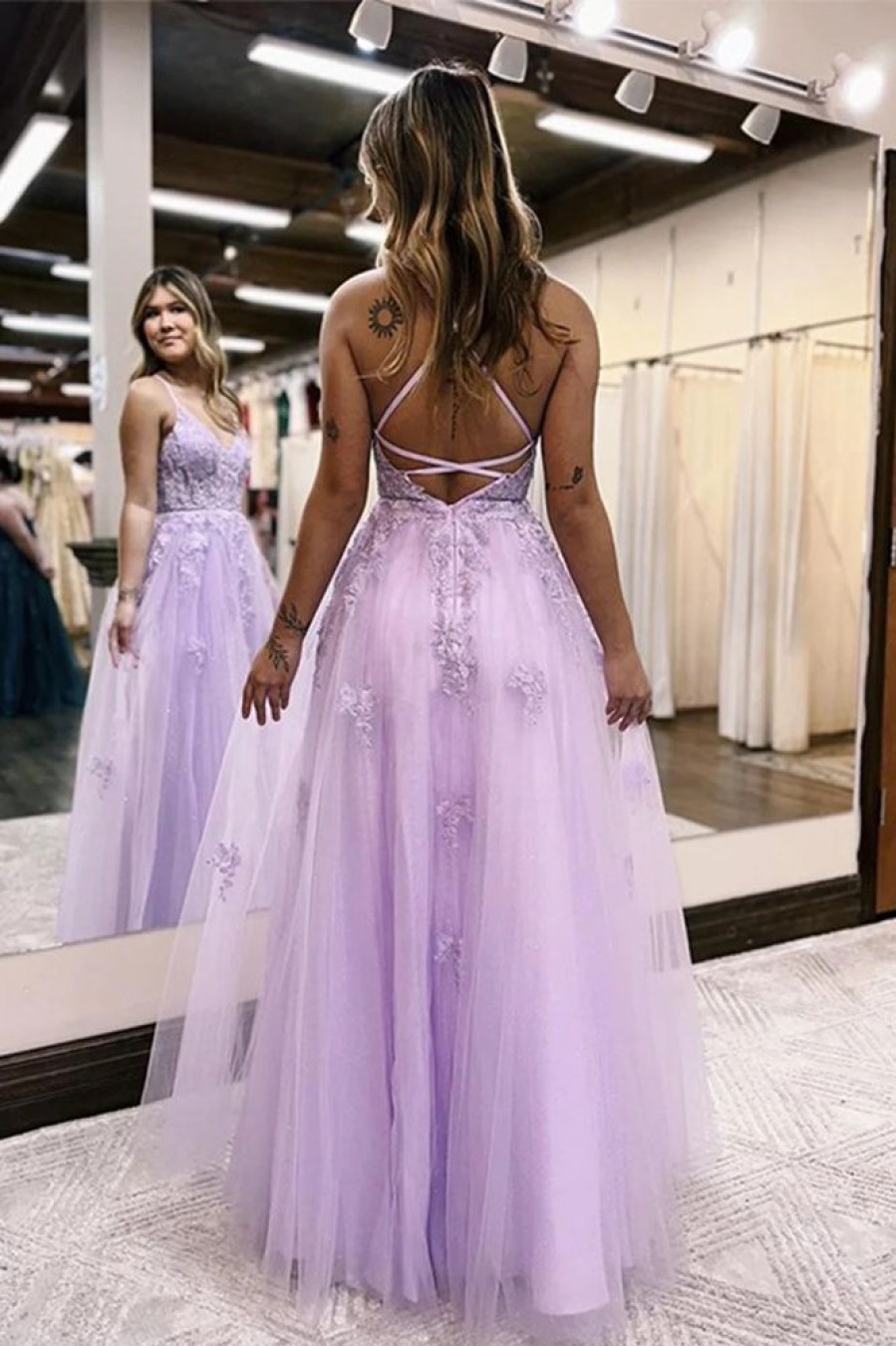 Homrain A-Line Spaghetti Straps Lace Long Prom Dress With Slit | Purple Prom Dresses