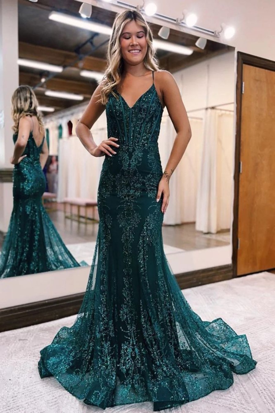 Homrain Sparkly Mermaid Sequin Long Prom Dress | Green Prom Dresses