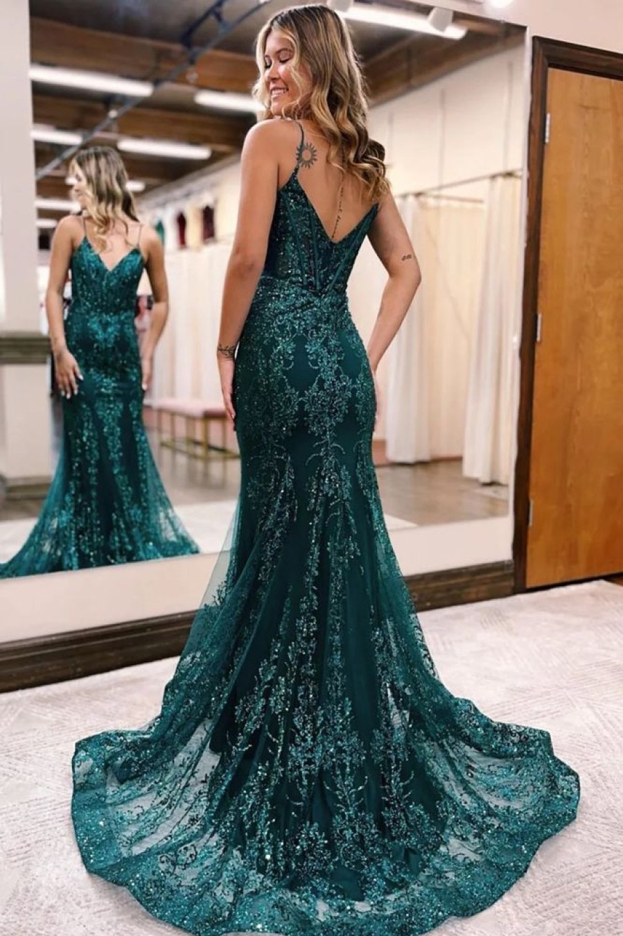 Homrain Sparkly Mermaid Sequin Long Prom Dress | Green Prom Dresses