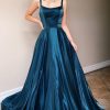 Homrain Satin Spaghetti Straps A-Line Prom Dress | Blue Prom Dresses