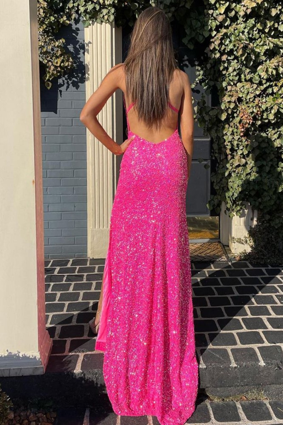 Homrain Mermaid Halter Neck Sequins Long Prom Dress With Split Front | Hot Pink Prom Dresses