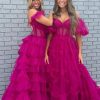 Homrain Fuchsia A Line Off The Shoulder Tulle Corset Prom Dress With Bowknot | Hot Pink Prom Dresses