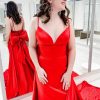 Homrain Satin Spaghetti Straps Prom Dress With Bow | Red Prom Dresses