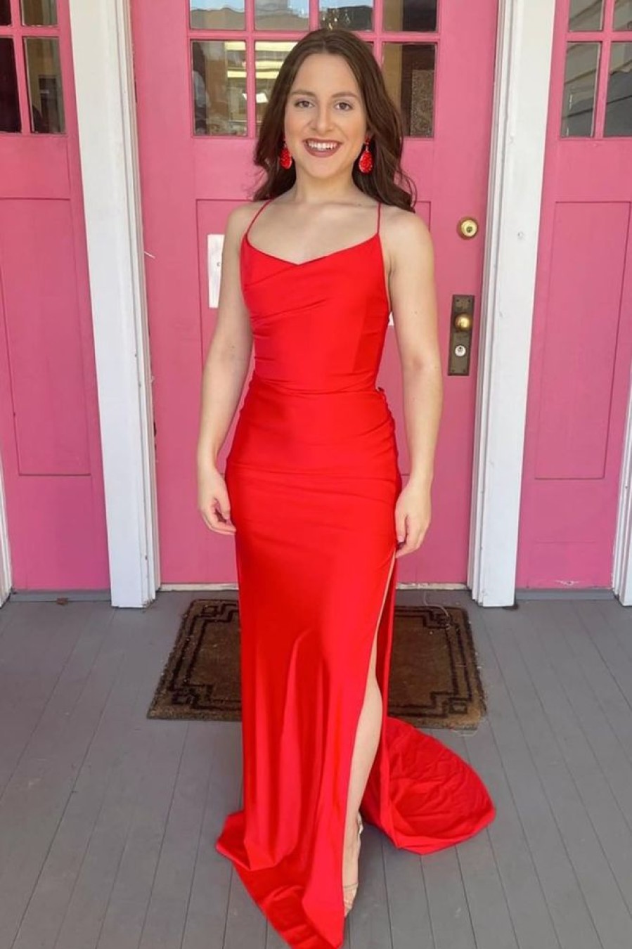 Homrain Sheath Spaghetti Straps Long Prom Dress With Split Front | Red Prom Dresses