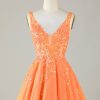 Homrain Sparkly A Line Glitter Homecoming Dress With Sequins | Orange Hoco Dresses