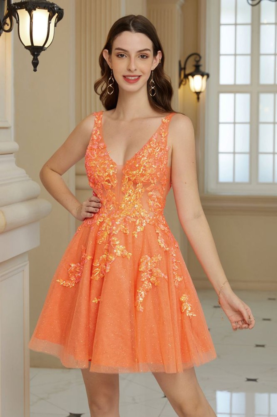 Homrain Sparkly A Line Glitter Homecoming Dress With Sequins | Orange Hoco Dresses