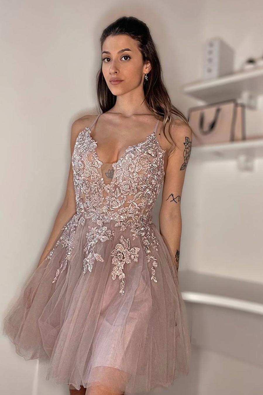 Homrain A-Line Tulle Short Homecoming Dress With Appliques | Pink Hoco Dresses