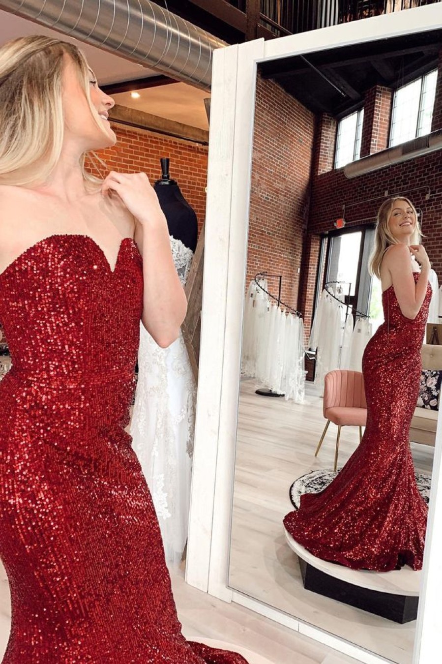 Homrain Mermaid Sweetheart Sequins Long Prom Dress With Sweep Train | Red Prom Dresses