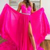 Homrain Sparkly Hot Pink Chiffon Pleated Long Prom Dress With Slit | Hot Pink Prom Dresses