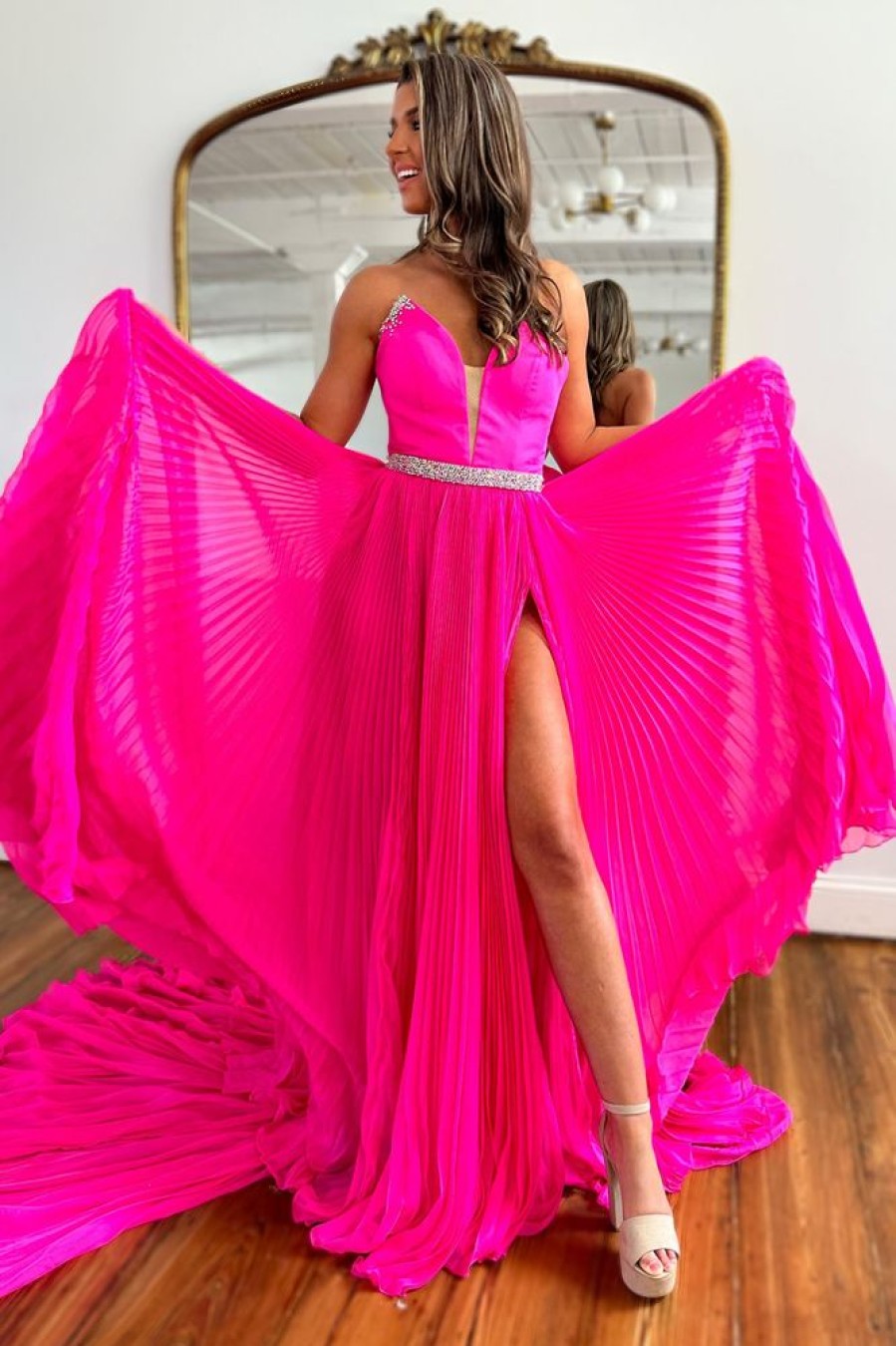 Homrain Sparkly Hot Pink Chiffon Pleated Long Prom Dress With Slit | Hot Pink Prom Dresses