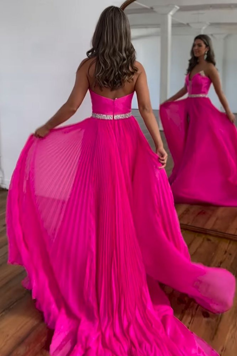 Homrain Sparkly Hot Pink Chiffon Pleated Long Prom Dress With Slit | Hot Pink Prom Dresses