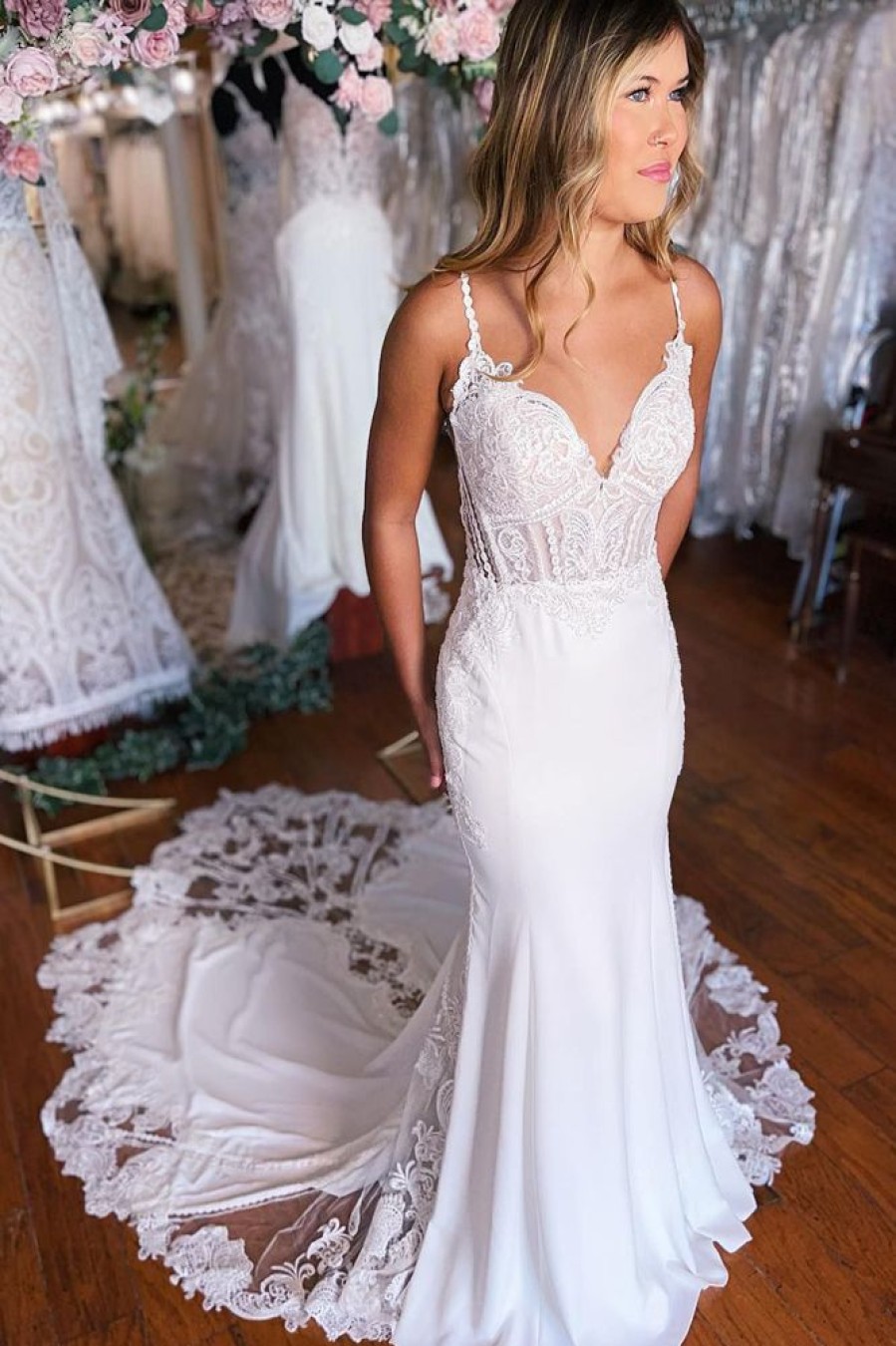 Homrain Boho Mermaid Spaghetti Straps Long Wedding Dress With Lace | Lace Wedding Dresses