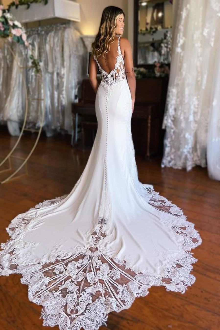 Homrain Boho Mermaid Spaghetti Straps Long Wedding Dress With Lace | Lace Wedding Dresses