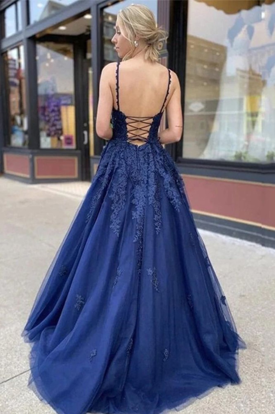 Homrain Blue Appliques Long Prom Dress Evening Dress | Blue Prom Dresses