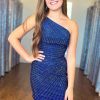 Homrain Sparkly Beaded One Shoulder Tight Short Homecoming Dress | Blue Hoco Dresses