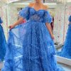 Homrain A-Line Corset Long Tulle Floral Prom Dress With Ruffles | Blue Prom Dresses