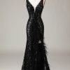 Homrain Mermaid Sequins Long Prom Dress With Feather | Black Prom Dresses