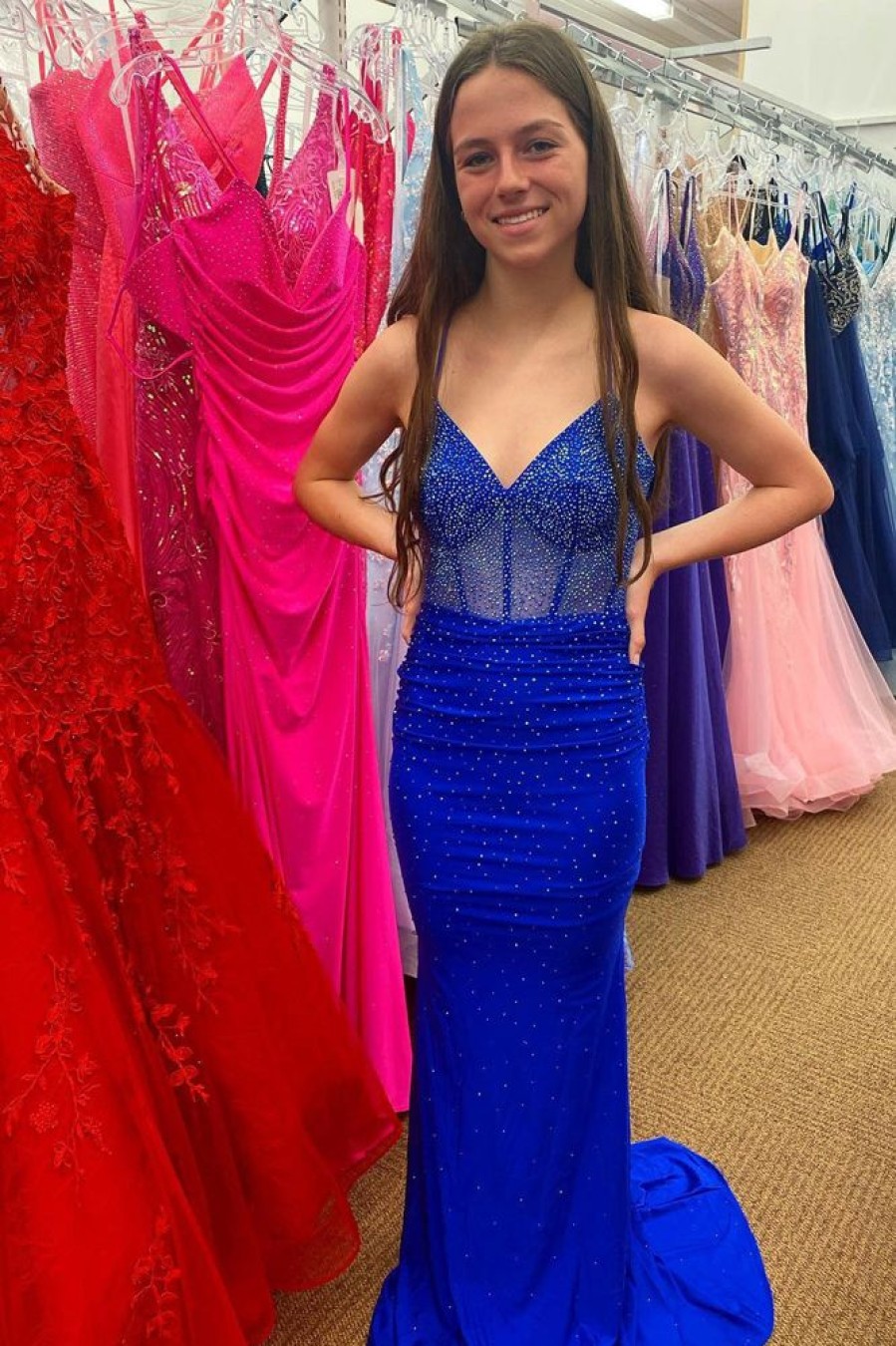 Homrain Lace-Up Back Beading Prom Dress | Blue Prom Dresses