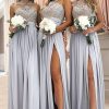 Homrain A-Line Illusion Round Neck Long Chiffon Bridesmaid Dress With Lace | Wedding Guest Dresses