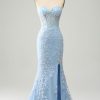 Homrain Mermaid Sweetheart Long Corset Appliqued Prom Dress With Slit | Blue Prom Dresses