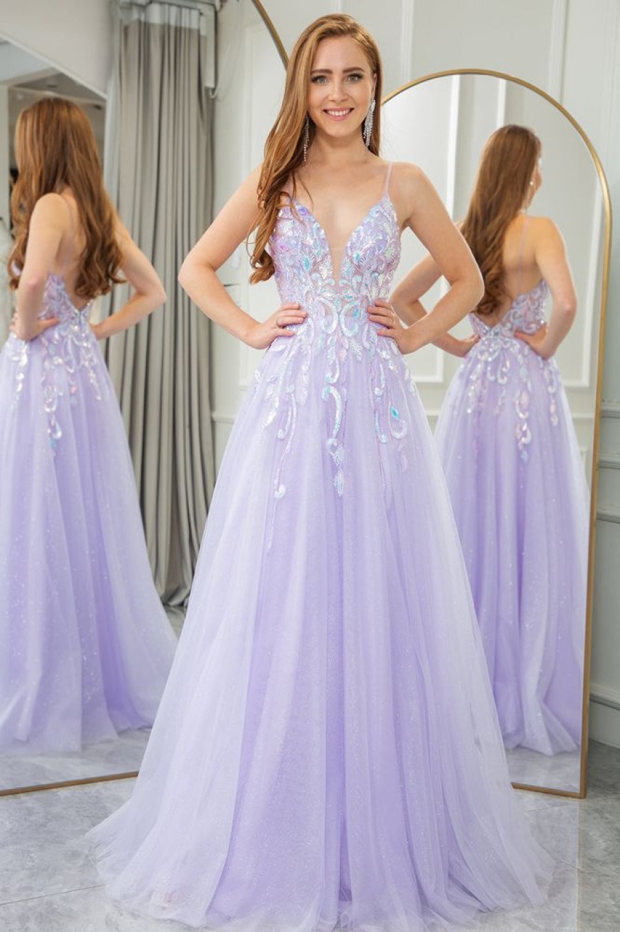 Homrain A Line Tulle Backless Long Prom Dress With Sequined Appliques | Purple Prom Dresses