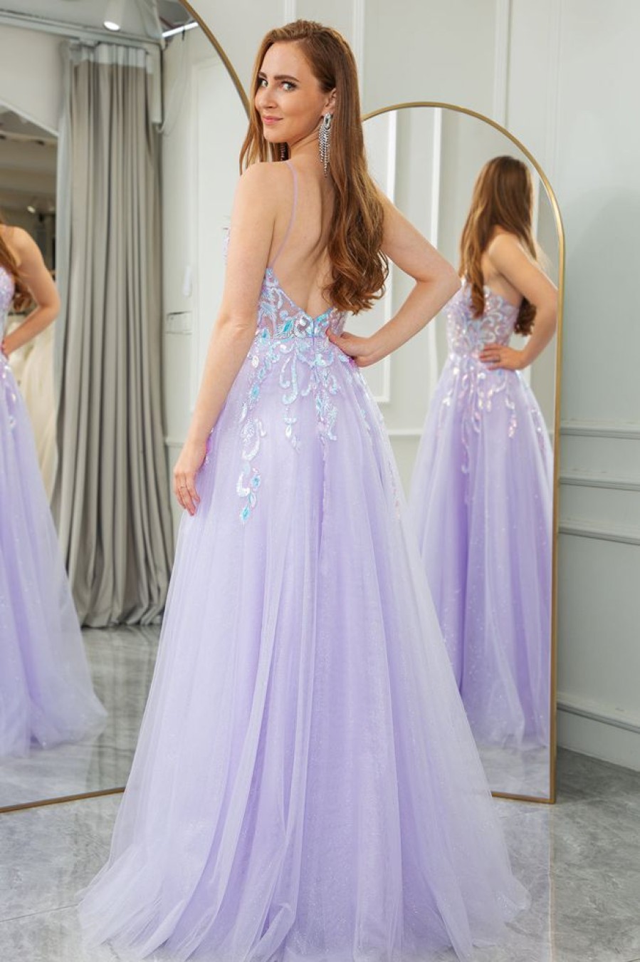 Homrain A Line Tulle Backless Long Prom Dress With Sequined Appliques | Purple Prom Dresses