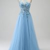 Homrain A Line Long Corset Prom Dress With Appliques | Blue Prom Dresses